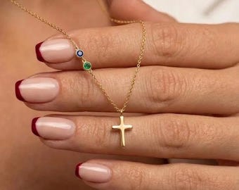 Dainty Cross Necklace with Sideways Birthstones, Personalized Religious Pendant, Minimalist Gold Cross, Custom Confirmation Gift for Her