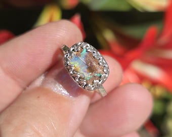 Anillo artesanal de ópalo de roca y plata de ley, talla 6 1/4 (EE. UU.)