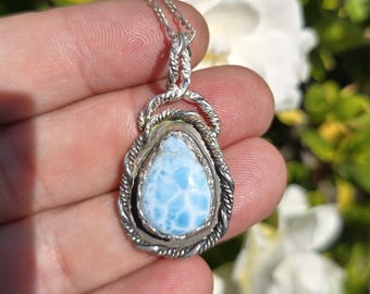 Handmade Larimar and Sterling Silver Pendant with 18 inch 1.3mm Sterling Silver Chain