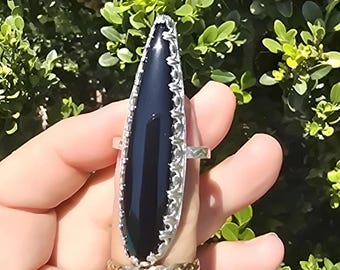 Handgemaakte zwarte onyx sterlingzilveren ring, statementsieraden, maat 9,25