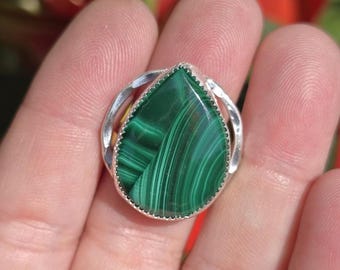 Anello artigianale in malachite e argento sterling, taglia 8 US