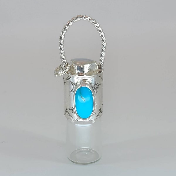 Handmade 1.5 ml Clear Rollerball, Vial, Necklace. Hand-stamped. Made with Sterling Silver, A Turquoise and a Moonstone Cabochon.