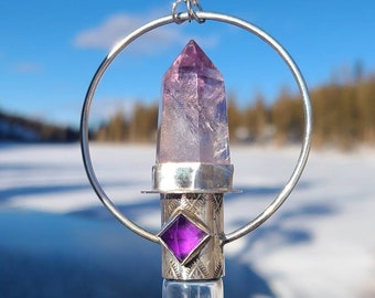 Handmade 2ml Frosted Rollerball Necklace. Hand-stamped with Sterling Silver, An Amethyst Pyramid and Crystal Point. Herkimer Diamond.