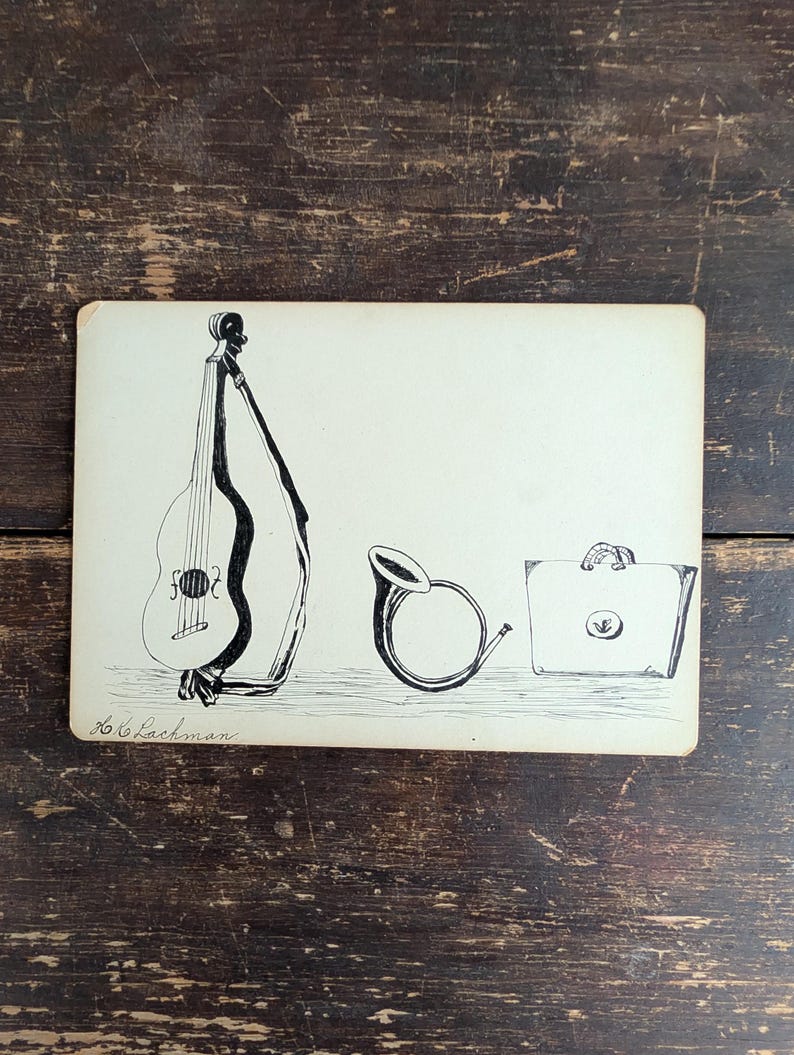 Antique (1898) Original Pen and Ink Musical Instruments Sketch Signed H ...