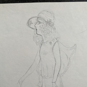 May include: Pencil sketch of a woman in a vintage dress and hat, holding a cane. The hat has a wide brim with floral detailing. The dress has a flowing skirt and a cape-like overlay.