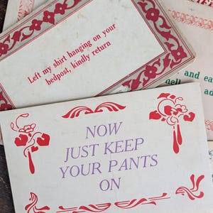 May include: Vintage postcards with red and white floral designs and text. One postcard reads "Left my shirt hanging on your bedpost, kindly return." Another says "NOW JUST KEEP YOUR PANTS ON."