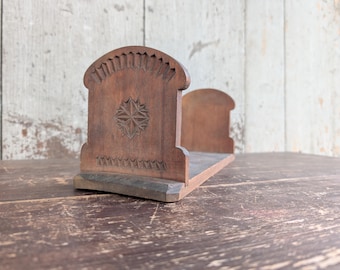 Antique (1920s) Carved Wooden Book Rack - Folk Art. Gothic Revival. Hand-Carved Geometric Star. Rosette Motif. Chip Carving. Americana.