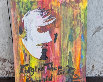 Vintage (1970s) Signed Original Art : Oil On Canvas Board - Forgive Them For They Know not What They do. Biblical Reference. Luke 23 34