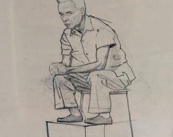 Vintage (1954) Signed Original Art : Graphite On Paper. Mid-Century Modernist Figure Drawing Man On Steps by George R Bucher - Sketch.