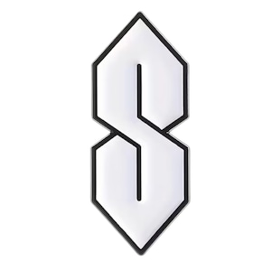 May include: A white enamel pin shaped like the classic geometric S symbol, featuring a sharp, pointed top and bottom with a bold black outline. The design consists of fourteen straight lines forming a stylised, angular letter S shape.