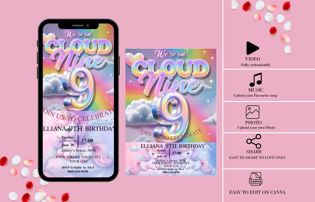 Editable Cloud 9 Birthday Invitation, Cloud Nine Birthday Invite ...