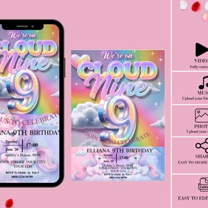 May include: A digital invitation for a 9th birthday party, displayed on a smartphone and a card. The design features a rainbow, clouds, and the text "We're on Cloud Nine". The invitation includes event details.
