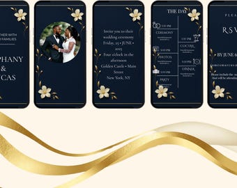 May include: A series of navy blue smartphone screens with gold floral accents. The screens display wedding details, including the couple's names, event information, a photo, and RSVP instructions. The text includes "Stephy & Lucas" and "RSVP by June 6, 2025."
