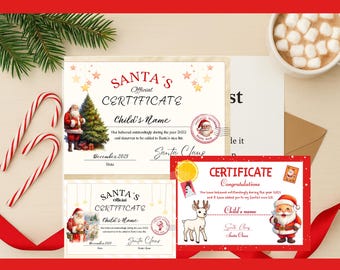 May include: Christmas-themed certificates with Santa Claus illustrations. The certificates are decorated with stars and festive elements. Candy canes and a cup of hot chocolate with marshmallows are also visible.