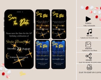 Editable Save the Date Invitation Template, Digital Gold and Black Party Invite, Animated Birthday Evite Mobile