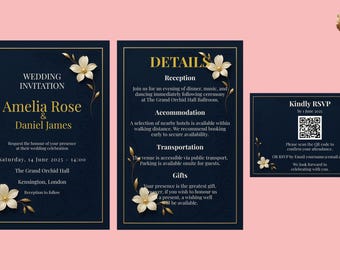 Pode incluir: Conjunto de convites de casamento azul marinho com detalhes florais dourados. O convite inclui os nomes Amelia Rose & Daniel James, detalhes do evento e informações RSVP. O conjunto inclui um convite, um cartão de detalhes e um cartão RSVP.