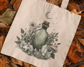 Forest Witch Cotton Canvas Tote Bag – Moon & Mushrooms