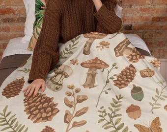 Narzuta Cottagecore Mushroom Sherpa Throw Blanket – z nadrukiem botanicznym