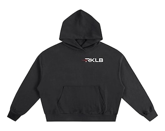 May include: Black hoodie with a hood and a front pocket. The hoodie features the white text "RKLB" with a red line above the letters. The hoodie is made of a soft material.