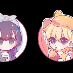 May include: Two cartoon portraits in circular frames against a black background. One features a girl with purple hair and a gray jacket, the other a girl with blonde hair and a bear hat. Both have large eyes.
