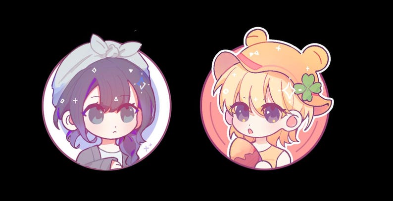 May include: Two cartoon portraits in circular frames against a black background. One features a girl with purple hair and a gray jacket, the other a girl with blonde hair and a bear hat. Both have large eyes.