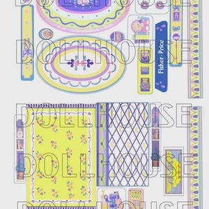 Puede incluir: Una hoja de accesorios para casa de muñecas Fisher-Price con el número 6364. La hoja incluye alfombras, decoraciones de pared y recortes de muebles en colores pastel. La palabra "DOLLHOUSE" está impresa en la imagen.