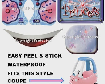 Calcomanías de reproducción compatibles con el coche Little Tikes Cozy Coupe ROSA PRINCESA de alto brillo y fuerte adhesión. Despegar y pegar.