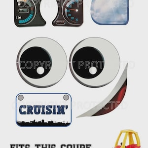May include: A collection of car-themed graphics and a red and yellow toy car. The graphics include gauges, cartoon eyes, a sign that says "CRUISIN'", and a curved red and white design. Text at the bottom reads "FITS THIS COUPE STYLE".