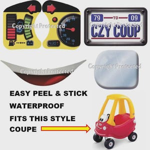 May include: A red and yellow toy car with black wheels. The image includes a speedometer, a license plate that says "CZY COUP", and text that reads "EASY PEEL & STICK", "WATERPROOF", and "FITS THIS STYLE COUPE".