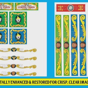 以下が含まれることがあります： カラフルなヴィンテージサーカスの列車のグラフィック。画像には、ピエロの顔、装飾的なボーダー、「CIRGUS TRAIN」のテキストなど、さまざまな装飾要素が含まれています。デザインは、鮮明な画像のためにデジタルで強化されています。