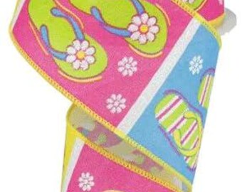 Flip Flop Floral Wired Edge Ribbon, Summer Beach Theme, Pink, Yellow and Blue, 2-1/2 inch