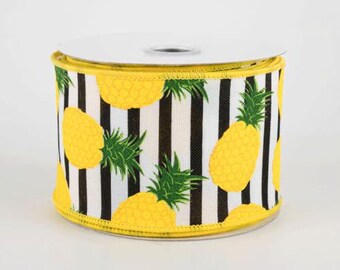 Pineapple Print Wired Ribbon, Black and White Striped with Yellow Edges, Summer Tropical Theme, 2-1/2 inch