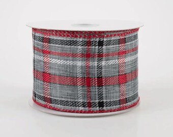 Plaid Wired Ribbon, Red, Black and Gray Tartan Pattern, Decorative Craft Ribbon on Spool, 2-1/2 inch