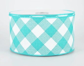 Wired Ribbon, Turquoise and White Diamond Plaid Pattern, Decorative Craft Ribbon, 2-1/2 inch