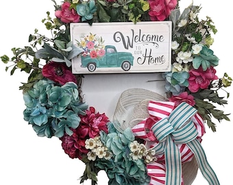 Handmade Grapevine Welcome Home Decorative Wreath with Vintage Truck Sign, 24 inch