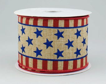 Patriotic Wired Ribbon with Blue Glitter Stars and Red Stripes, Burlap, American Flag Theme, 2-1/2 inch