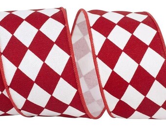 Red and White Diamond Harlequin Wired Edge Ribbon, Decorative Craft Ribbon, 2-1/2 inch