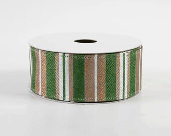 Striped Wired Ribbon, Green, Brown, and White, Decorative Craft Ribbon on Spool, 2-1/2 inch