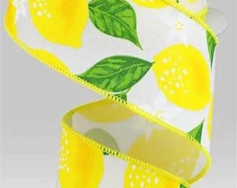 Lemon Print Wired Ribbon, Yellow and White Decorative Craft Ribbon with Green Leaves, 2-1/2 inch