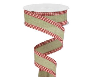 Wired Ribbon with Red and White Gingham Edge, Natural Linen Center, Decorative Craft Ribbon on Spool, 1-1/2 inch