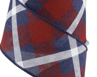Wired Plaid Ribbon, Navy Blue, Red, and White, Diagonal Tartan Pattern, Decorative Craft Ribbon, 2-1/2 inch