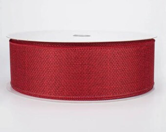 Red Wired Burlap Ribbon, Linen Texture Craft Ribbon for Wreaths, Bows, and Gift Wrapping, 1-1/2 inch