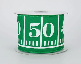 Football Field Wired Ribbon, Green and White, Sports Theme Craft Ribbon on Spool, 2-1/2 inch