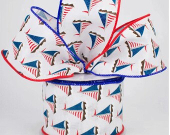 Sailboat Print Wired Ribbon, Red, White and Blue Nautical Design, Decorative Craft Ribbon, 2-1/2 inch