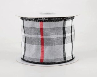 Plaid Wired Ribbon, White, Black and Red Tartan Pattern, Decorative Craft Ribbon on Spool, 2-1/2 inch