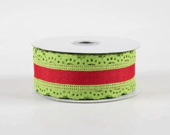 Decorative Lace Edge Ribbon, Red and Green, Wired, Craft and Gift Wrapping, 1-1/2 inch