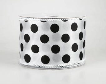 White and Black Polka Dot Wired Ribbon, Satin Finish, Decorative Craft Ribbon Roll, 2-1/2 inch