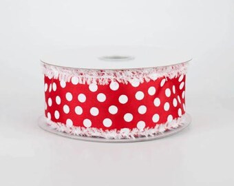 Red and White Polka Dot Ribbon with Fringe Edges, Decorative Craft Ribbon on Spool, 1-1/2 inch