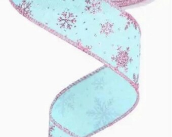 Wired Ribbon with Glitter Snowflake Print, Light Blue and Pink, Christmas Holiday Decoration, 1-1/2 inch