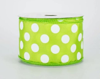 Wired Lime Green and White Polka Dot Ribbon, Decorative Craft Ribbon on Spool, 2-1/2 inch